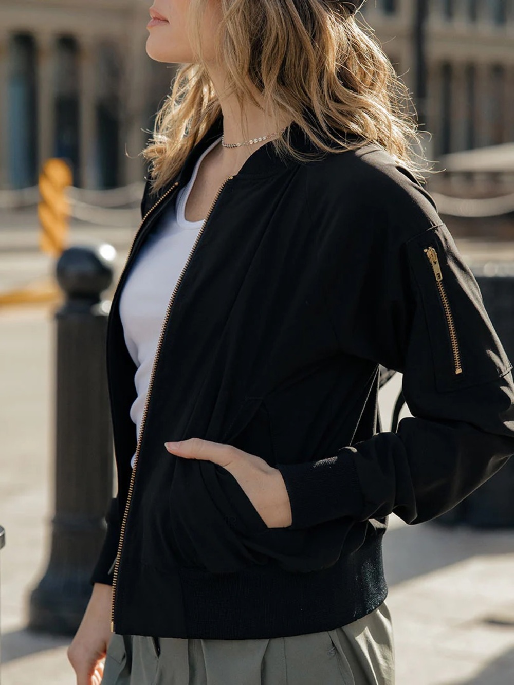 Women's Black Bomber Jacket with Gold Hardware